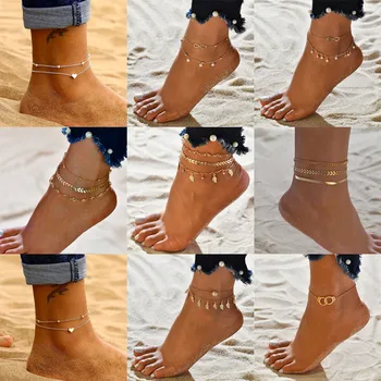 KOTiK Kuld, Hõbe Värvi Vintage Anklet Komplekt Naistele Multilayers Reguleeritav Anklet Käevõru Jalg Jala Beach Ehted