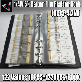 1/4W 5% 0.33 R~4.7 M Carbon Film 122valuesX10pcs=1220pcs Assortii Takisti Kit Pak Proovi Raamat