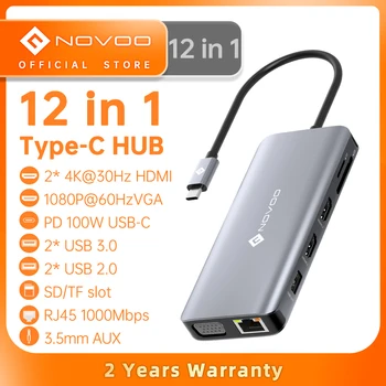 NOVOO 12 Pordid USB-C-HUB Dual 4K HDMI-VGA-4 USB 3.0 2.0 Porti PD 100W RJ45 SD TF Lugeja 3,5 mm AUX Adapter sobib MacBook Air Pro
