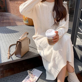 Tahke Kleidid Naine Sooja Talve Sügisel Uued Riided Paks Elegantne Korea Vintage 2022 Kampsun Kleit Silmkoelised Naiste Must Vestido