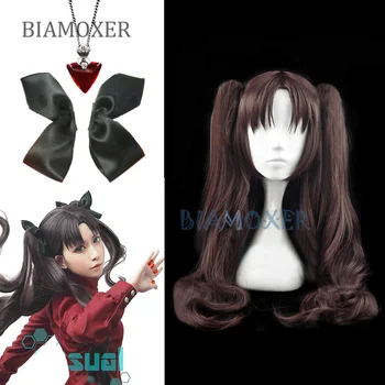 Fate/Stay Night Rin Tohsaka Pruun Hobusesaba 80cm Pikk Laineline kuumakindel Juuksed Cosplay Kostüüm Wig + Ruby Kaelakee + 4 Juuksenõelad