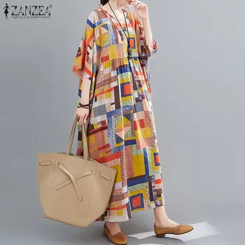 Vintage Trükitud Kleit Naiste Suvel Sundress ZANZEA Vabaaja Lühikesed Varrukad Maxi Vestidos Naiste Kõrge Vöökoht Flroal Rüü 