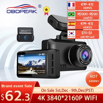 OBDPEAK M63s Kriips Cam Dual Lens Ultra HD Reaalne 4K Car DVR Kaamera, WIFI, GPS välispeegel, Night Vision WDR videosalvesti 24H Parkimine