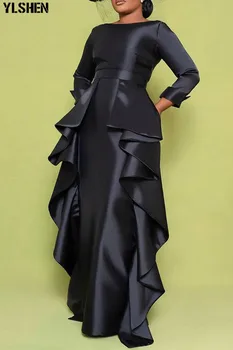 Must Bodycon Pikk Varrukas, Maxi Kleit Aafrika Kleidid Naistele 2021 Aafrika Riided Dashiki Ruffles Kleit Rüü Africaine Femme