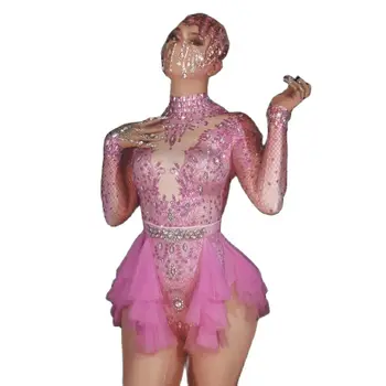 Rhinestone Sädelevat Roosa Bodysuit Pool Kandma Naiste Tantsija Näita Club Crystal Leotard Pool Tantsija Komplekt