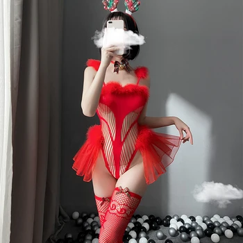 Seksikas Pesu, rollimängud Ühtne Santa Tüdruk One-piece Võrk Bodysuit Jõulud Cosplay Kostüümid Põder Peapael Printsess Varustus