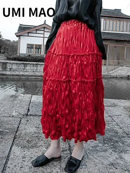 UMI MAO aasta Sügisel, Talvel Tume Must Mägi Stiilis Velvet Kortsus rasketööstuse Punane Puuvillane Seelik Naiste Alternatiivne Mood Femme