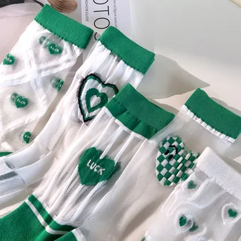 Roheline Kristall Siidist Sokid Mood Suvel Ultra-õhuke Läbipaistev Klaas Siidist Sokid Naiste Südame Tikandid Seksikas Pits Võre Meeskonna Sokid