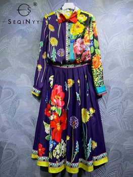 SEQNYY Tume Lilla Ülikond Kevad Sügis New Fashion Design Naiste Raja High Street Särk + Plisseeritud Seelik Vintage Lilled Prindi