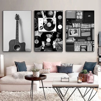 Vintage Musta ja Valge Muusika Arvestust Lõuendile Maali Nordic Home Decor Seina Art Retro Kitarr Plakatid elutuba Minimalistlik