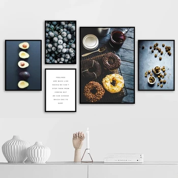 Donut Kohvi Mustika Lõuendile Maali Pärastlõunane Tee Plakat Sinine Taust Põhjamaade Stiilis Köök Decor Tapeet Pilt Prindi