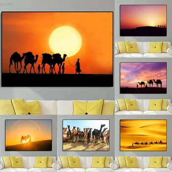 Kaamel Ja Meeste Juures Päikeseloojangut kõrbes Lõuendile Maali Siluetid Maastiku Plakatid ja Pildid elutuba Kodu Kaunistamiseks